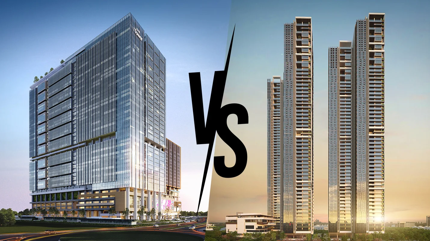Comparison between commercial office buildings and residential high-rise apartments highlighting real estate differences.