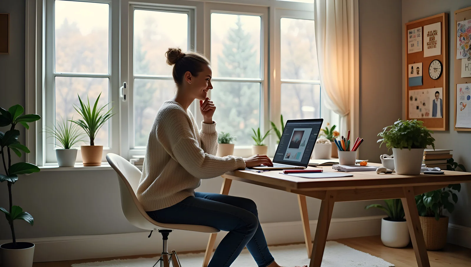 Person working on a laptop from a home workspace with natural light and indoor plants, representing remote work.