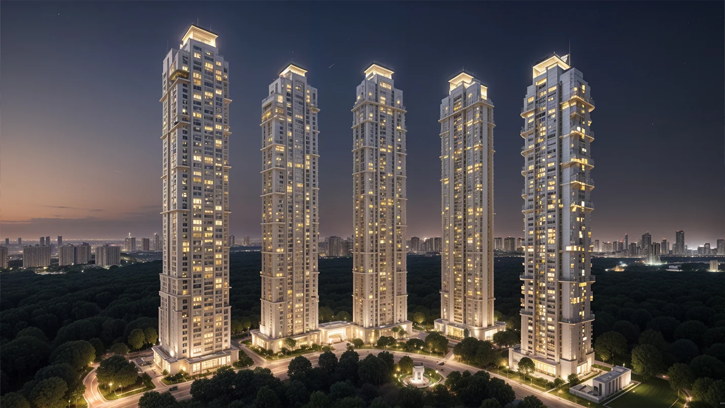 High-rise residential towers in Hyderabad showcasing modern vertical living at night.