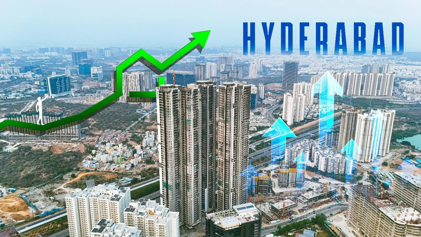 Aerial view of Hyderabad’s skyline featuring high-rise developments and upward growth indicators reflecting real estate expansion.