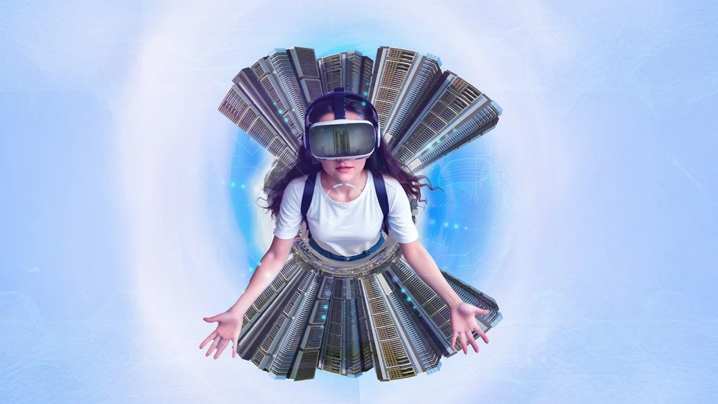 Person wearing a virtual reality headset surrounded by high-rise buildings, representing virtual property tours.