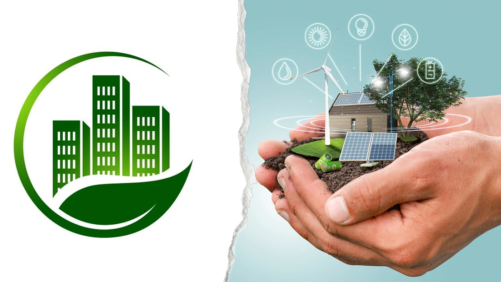 Illustration depicting eco-friendly homes with green buildings, solar panels, wind energy, and sustainable living elements.