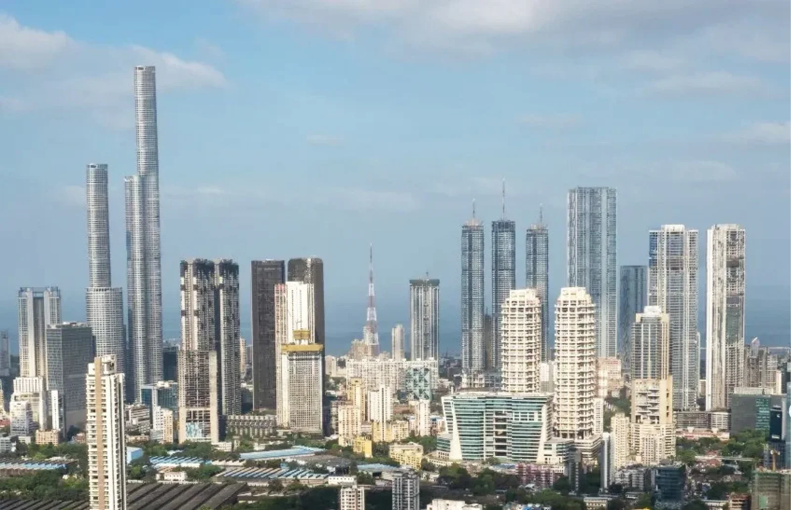 Panoramic view of Hyderabad’s skyline featuring tall skyscrapers and dense urban development.