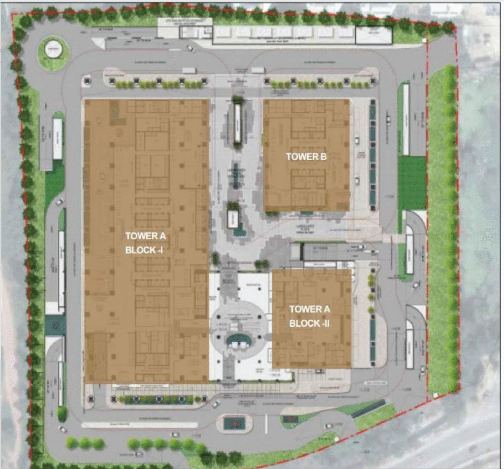 Site master plan of SAS iTower showing Tower A Block I, Tower A Block II, and Tower B with internal roads and landscaped zones – Commercial Spaces Nanakramguda Khajaguda.