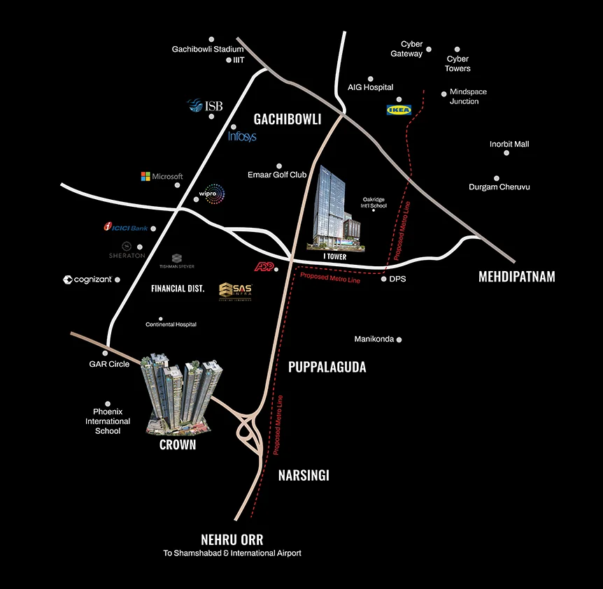 Map showing SAS Infra project locations and connectivity across Gachibowli, Financial District, Puppalaguda, and Narsingi, Hyderabad.