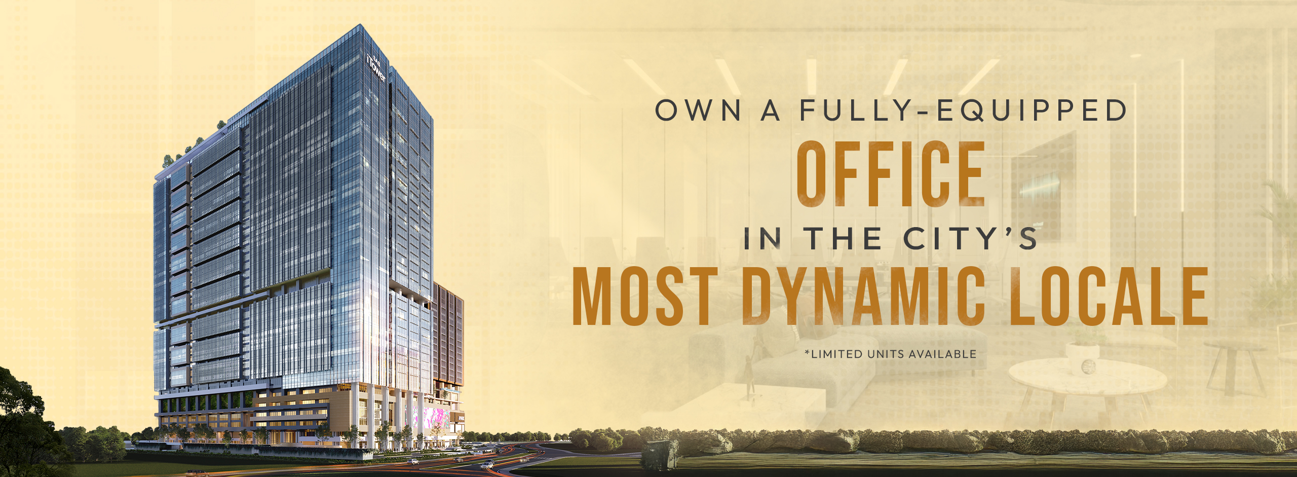Commercial office tower advertisement promoting fully equipped offices in a prime city location | iTower | SAS Infra