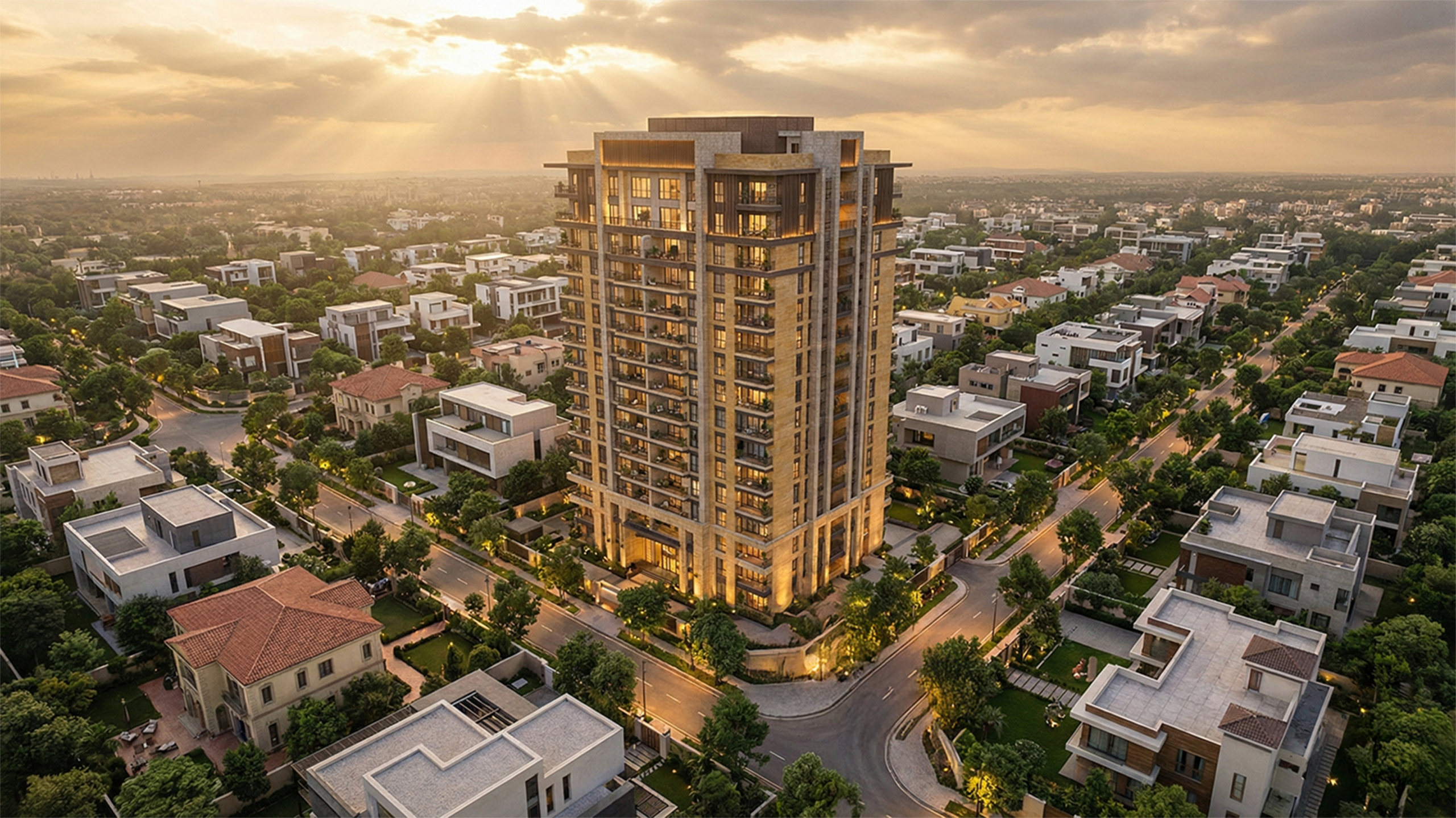 Aerial view of a premium residential tower embodying luxury living, surrounded by low-rise villas and tree-lined streets at sunset.