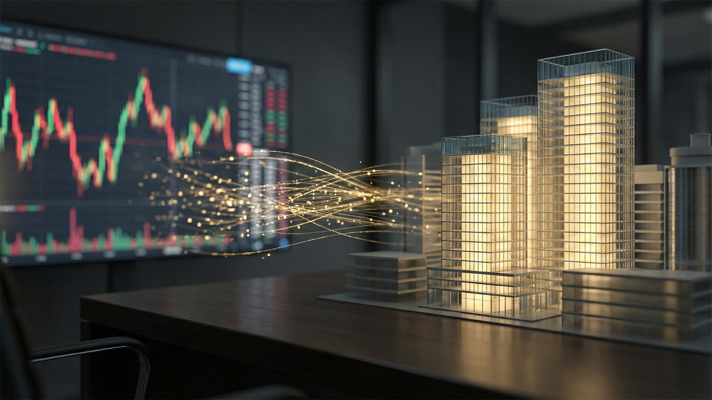 Illustration of commercial buildings connected to financial market data, symbolising capital flow into Commercial Real Estate investments.