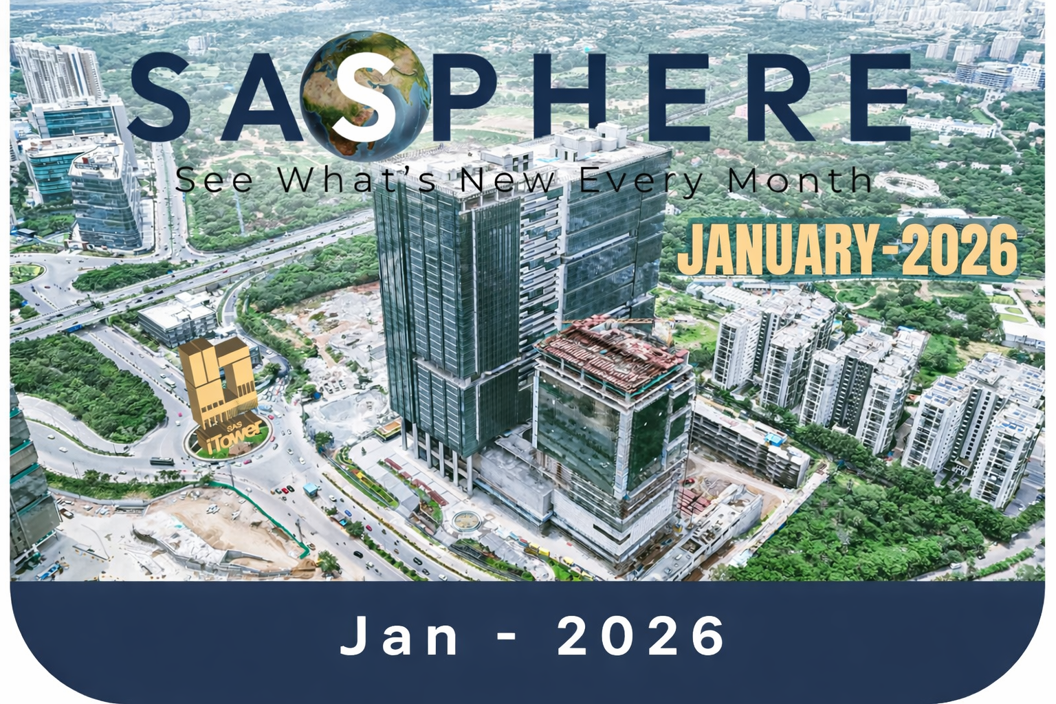 SAS iTower SASPHERE January 2026 update showing aerial view of commercial tower in Hyderabad