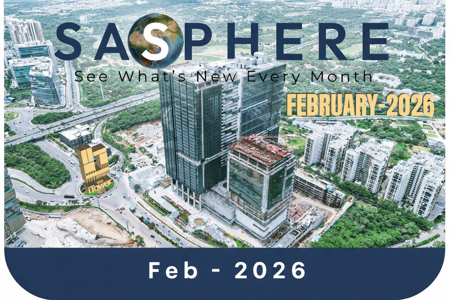 SAS iTower SASPHERE February 2026 update showing aerial view of commercial tower in Hyderabad
